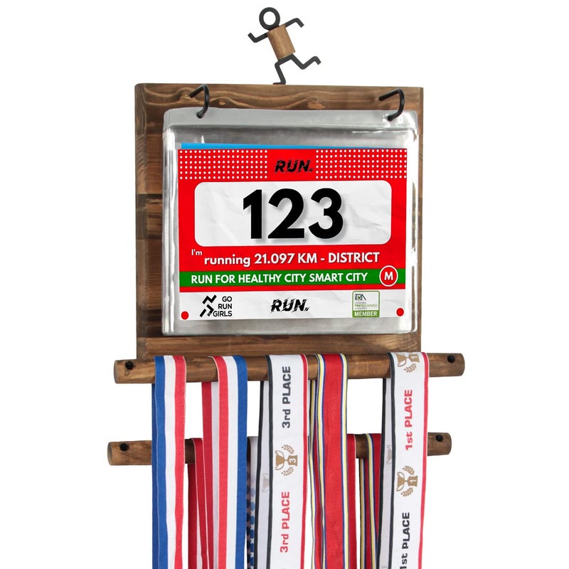 J JACKCUBE DESIGN - Marathon Medal Display Hanger Race Bibs Holder for Runners Wood wall mounted Rack Gymnastics Awards Olympic Triathlete Gifts - MK503A - Image 1